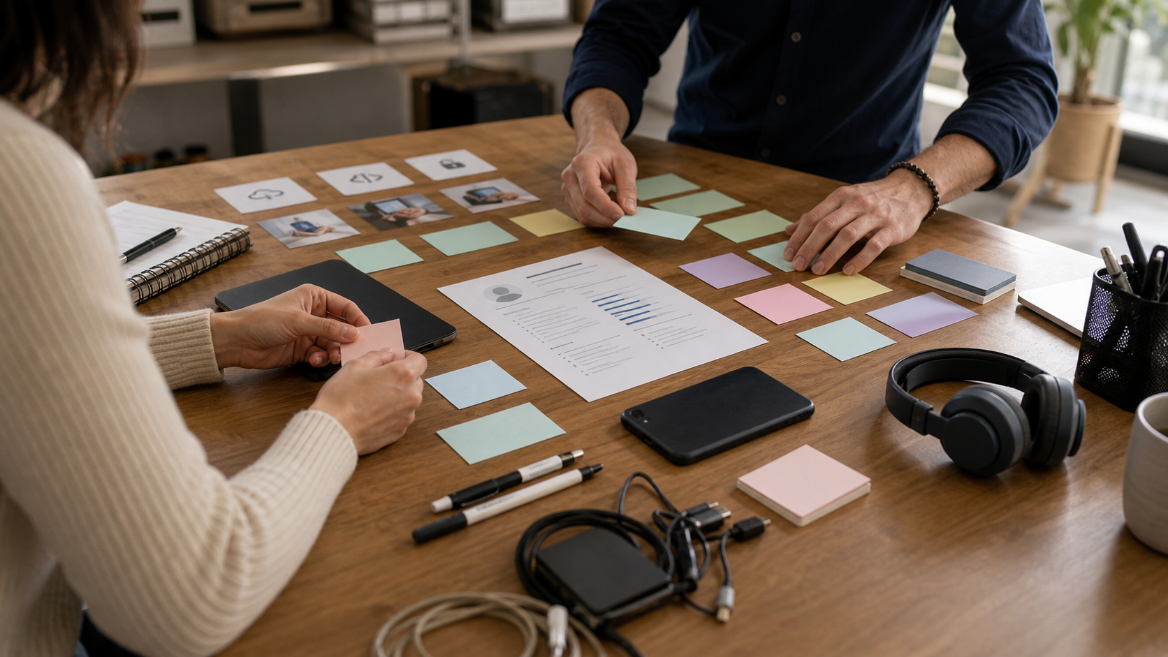 Bureau avec un CV, une tablette et des symboles abstraits d'outils numériques