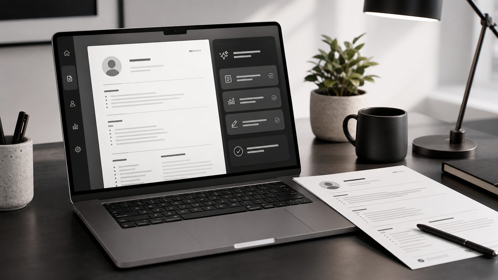 Laptop con editor di CV e pannello AI per migliorare una candidatura