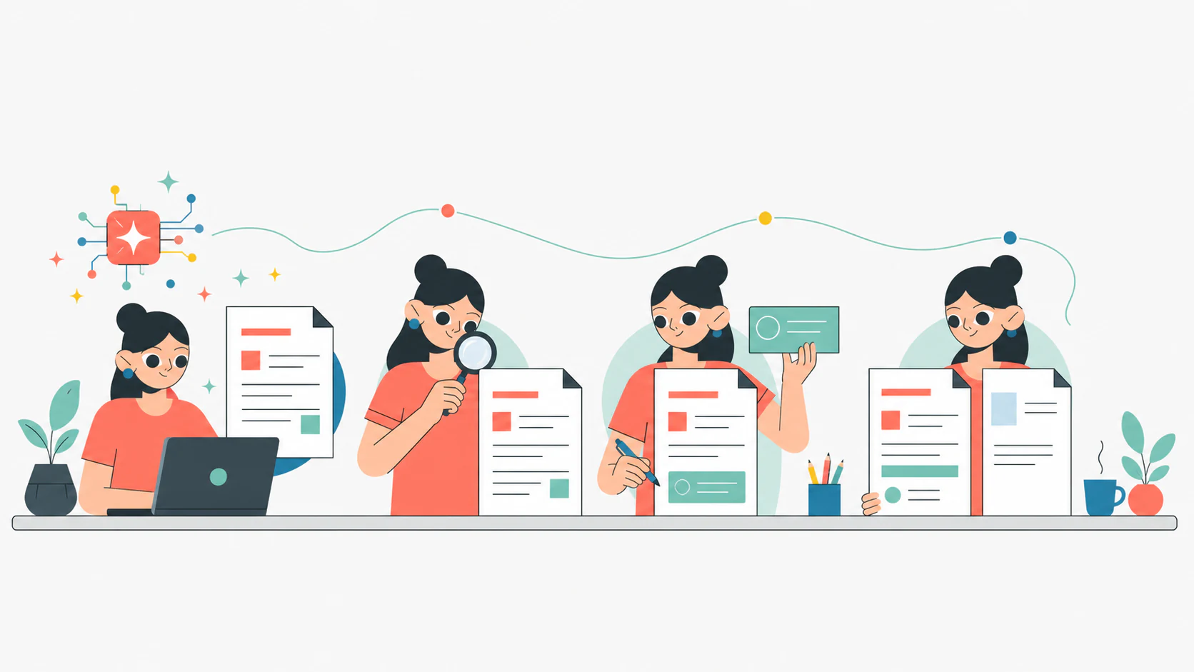 Flujo de revisión de currículum con notas, portátil y borrador editado