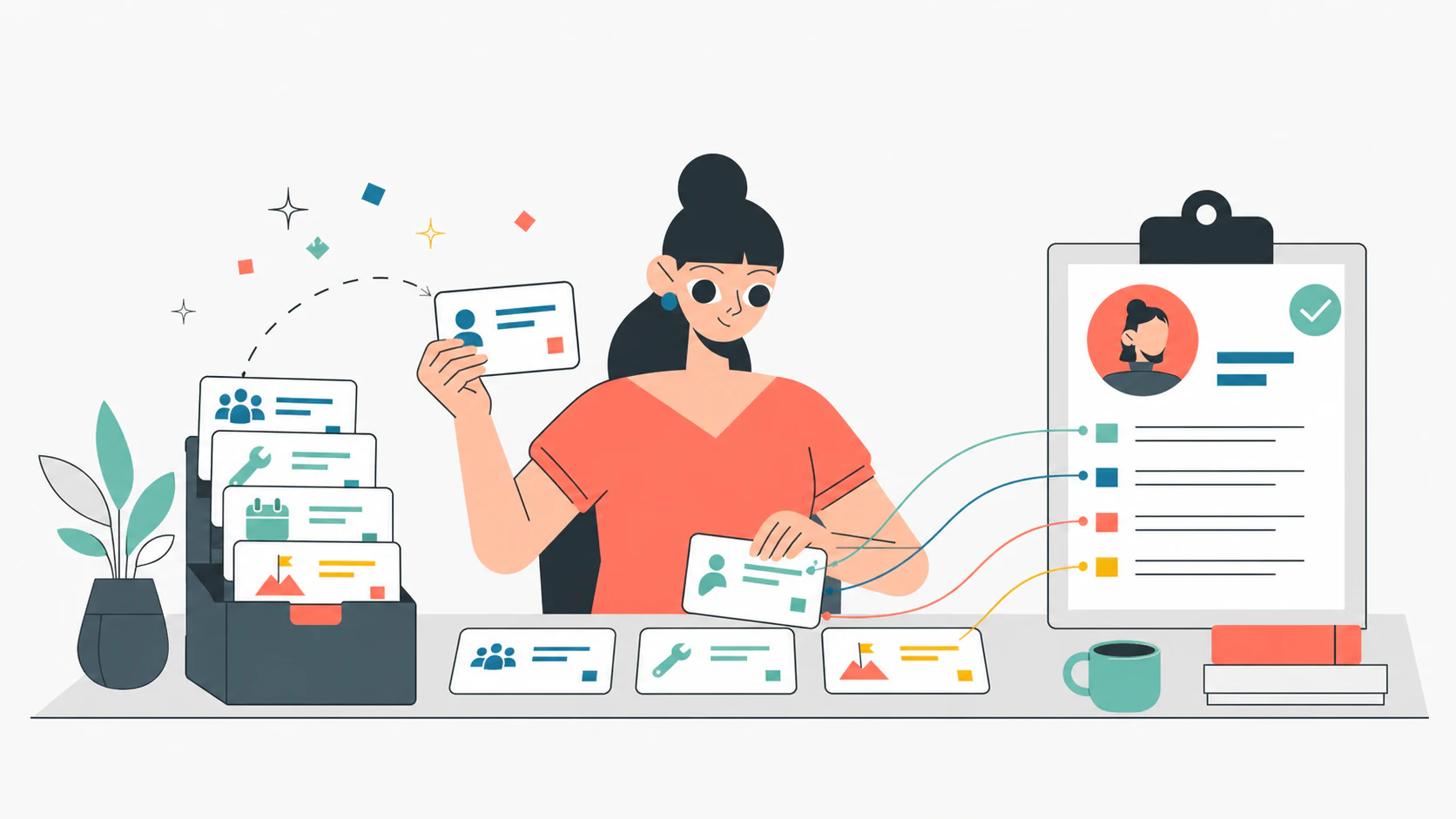 Currículum y notas de colores sobre una mesa para una transición profesional