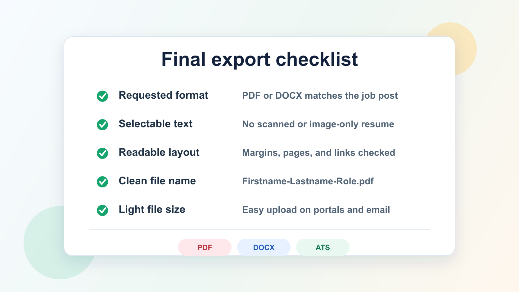 Checklist di esportazione CV con nome file, testo selezionabile, peso e layout