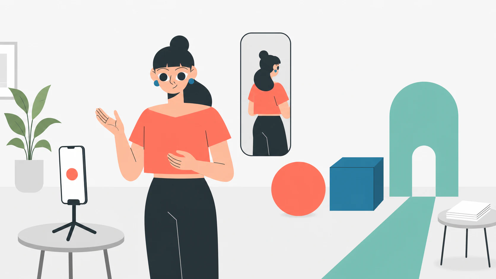 Candidata che prova la presentazione davanti allo smartphone usando tre riferimenti visivi invece di leggere un copione