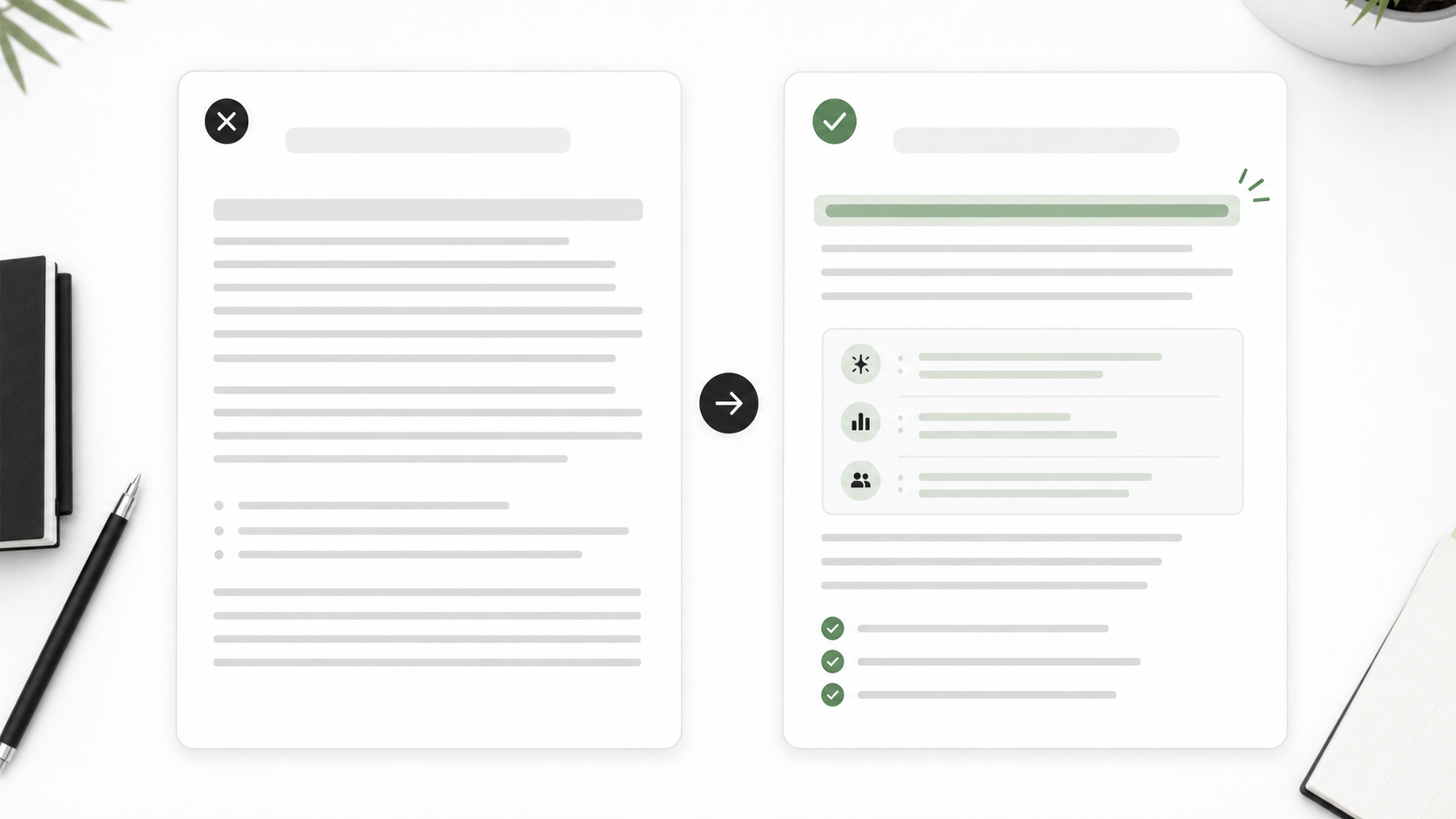 Comparaison visuelle entre une lettre de motivation générique et une lettre plus précise